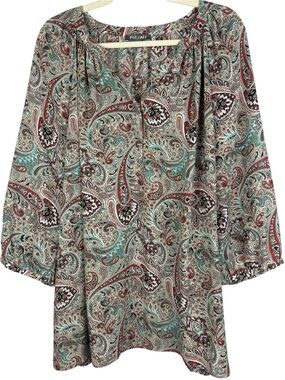 ROZ & ALI Paisley Blouse 2X Rust Teal Boho Peasant Top 3/4 Sleeve